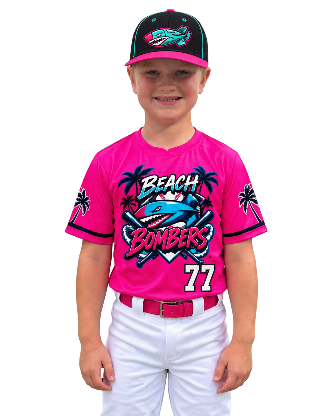 Cash Nussbaum wearing his number 77 Beach Bombers uniform